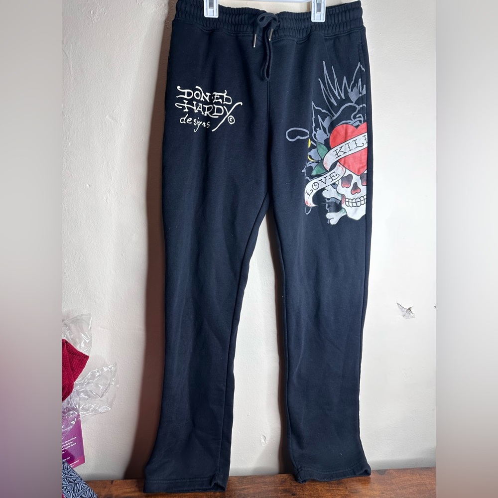 Ed Hardy Black Skull Rose Tattoo Graphic Sweatpants Joggers Pants UNISEX M